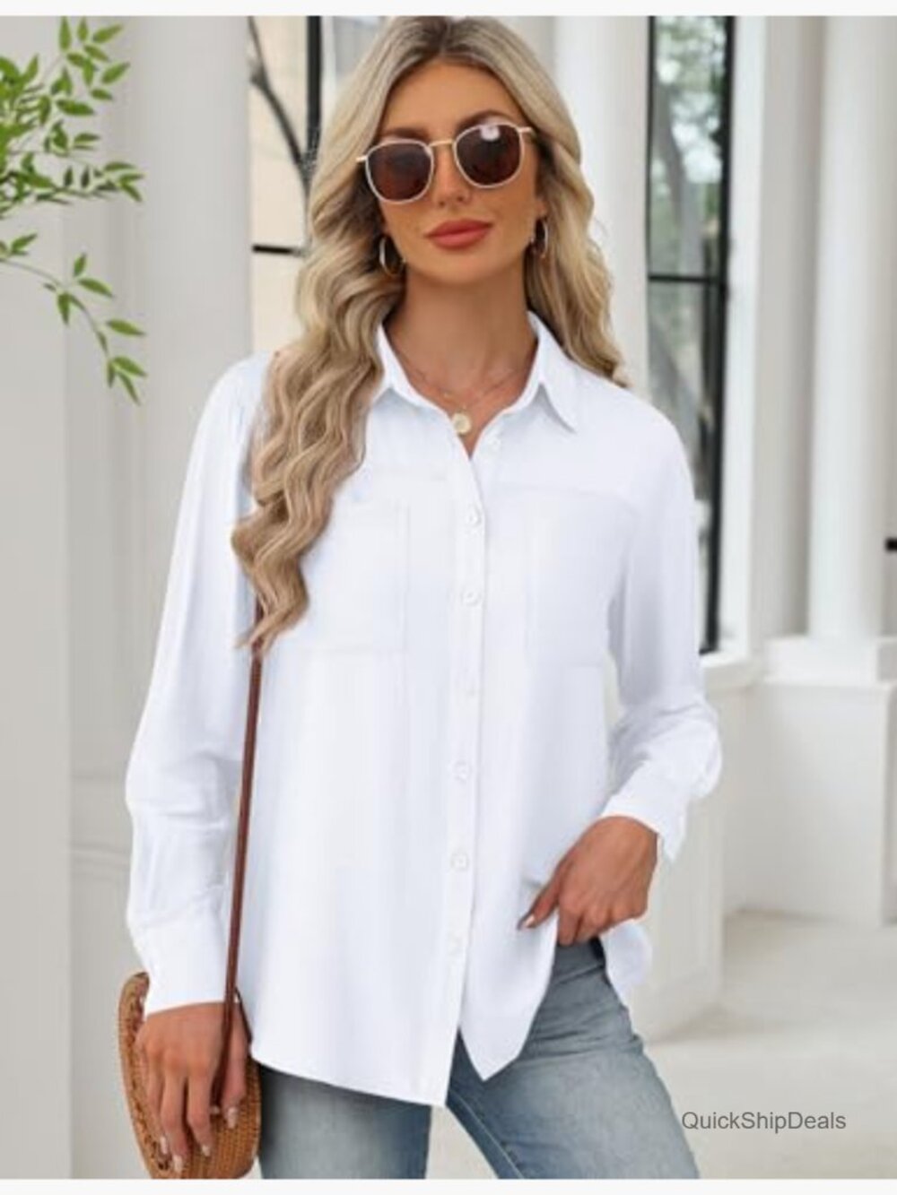 Striped Linen Button Down Shirt Long Sleeve Blouse with Pockets - Picture 4 of 7